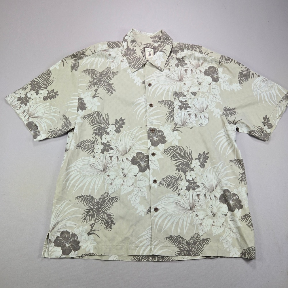Jamaica‎ Jaxx Silk Shirt Tropical Floral Palm Print Beige Mens XL